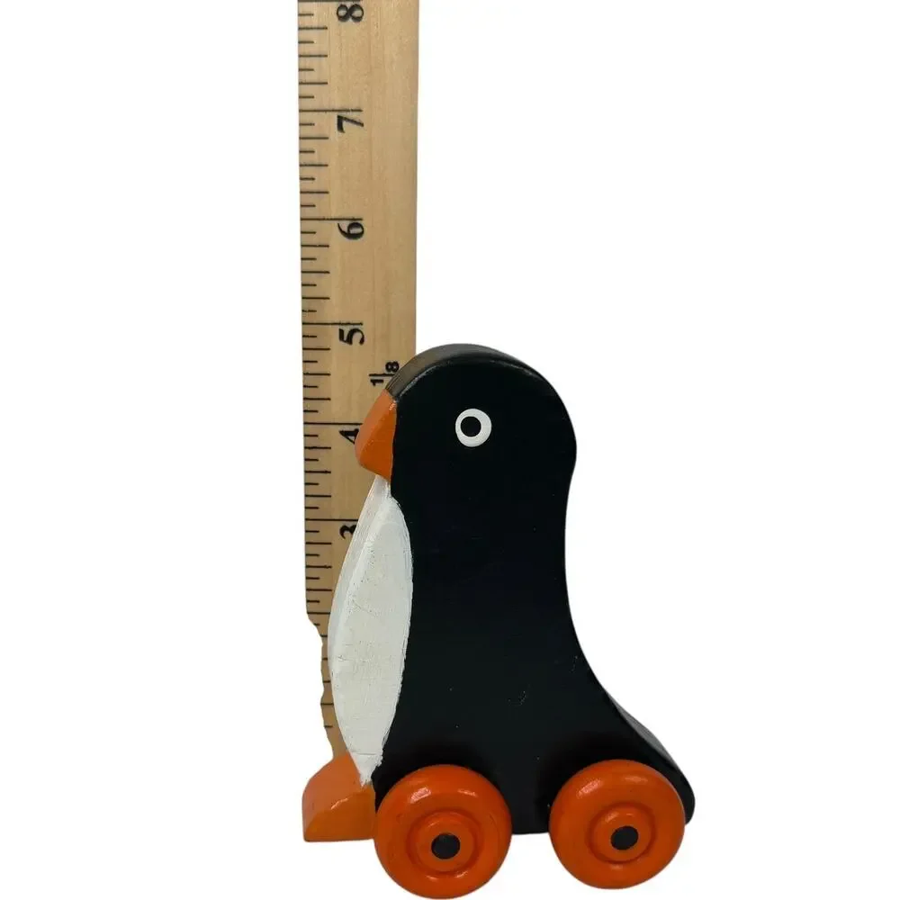 Vintage Wooden Penguin Rolling Push Toy Animal Toy Orange Wheels 4in Montessori‎
